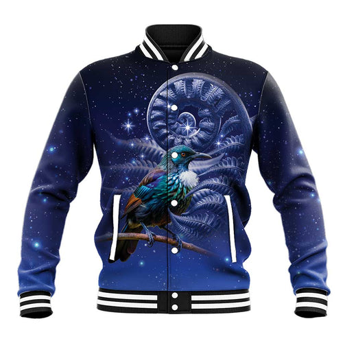Tui Bird Matariki Galaxy Baseball Jacket Koru Silver Fern Aotearoa