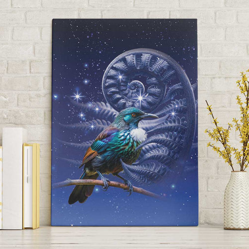 Tui Bird Matariki Galaxy Canvas Wall Art Koru Silver Fern Aotearoa