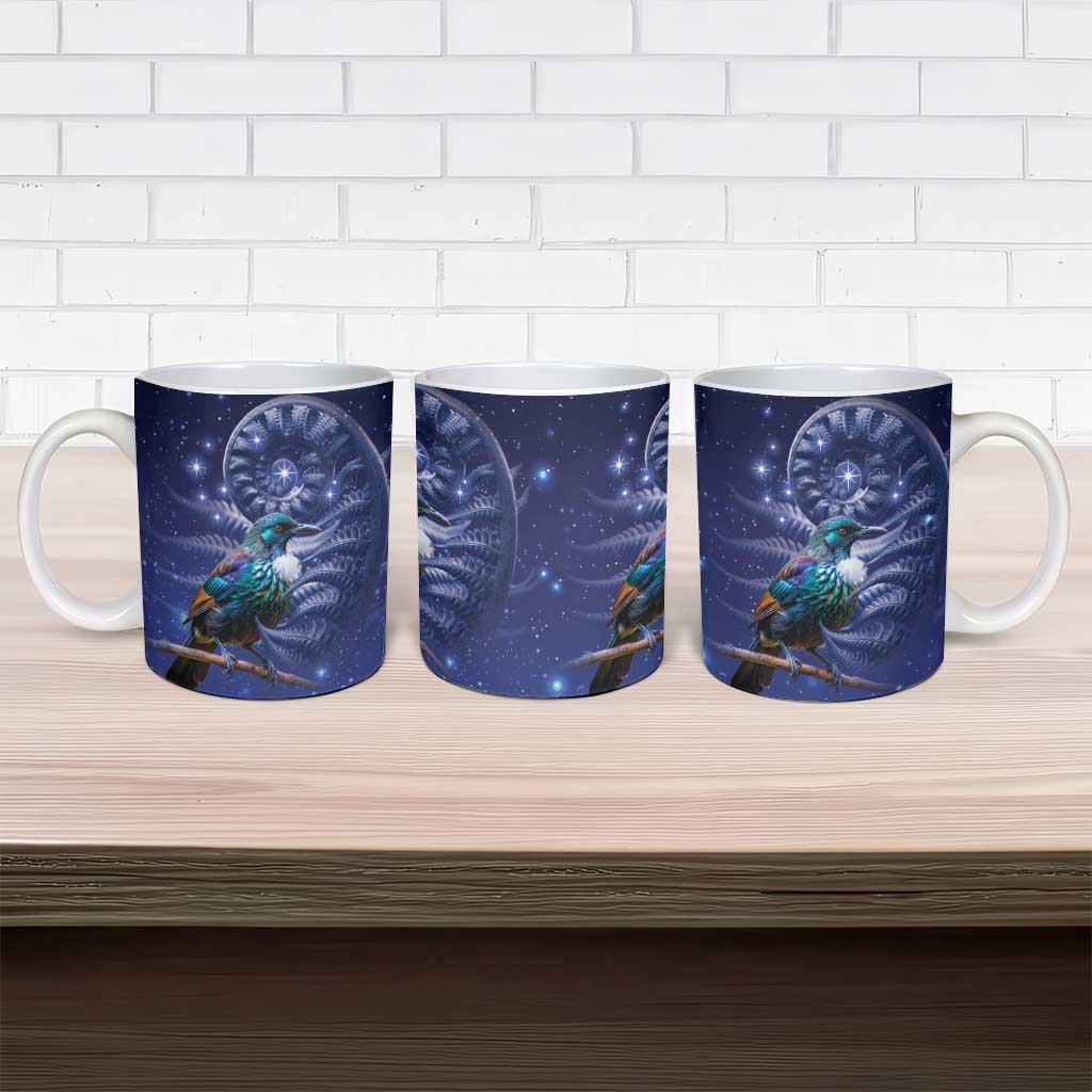Tui Bird Matariki Galaxy Ceramic Mug Koru Silver Fern Aotearoa