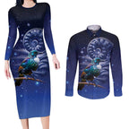 Tui Bird Matariki Galaxy Couples Matching Long Sleeve Bodycon Dress and Long Sleeve Button Shirt Koru Silver Fern Aotearoa