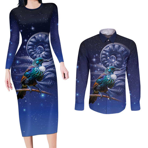 Tui Bird Matariki Galaxy Couples Matching Long Sleeve Bodycon Dress and Long Sleeve Button Shirt Koru Silver Fern Aotearoa