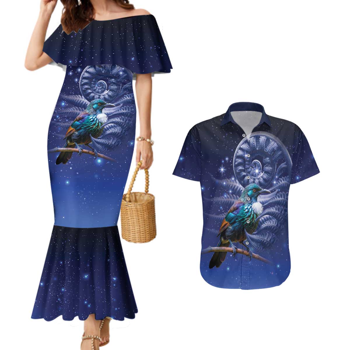 Tui Bird Matariki Galaxy Couples Matching Mermaid Dress and Hawaiian Shirt Koru Silver Fern Aotearoa