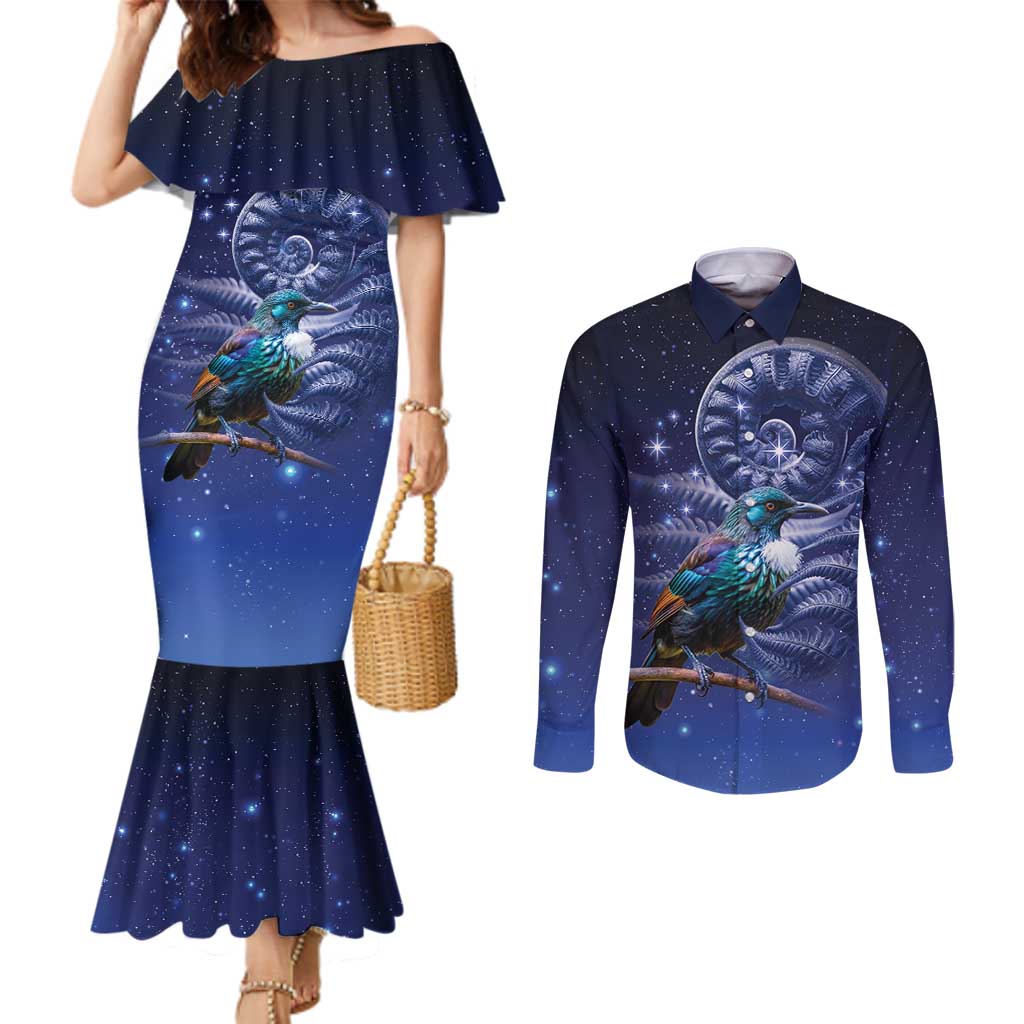 Tui Bird Matariki Galaxy Couples Matching Mermaid Dress and Long Sleeve Button Shirt Koru Silver Fern Aotearoa