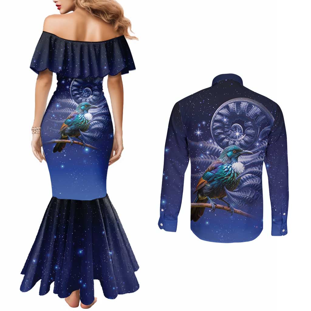 Tui Bird Matariki Galaxy Couples Matching Mermaid Dress and Long Sleeve Button Shirt Koru Silver Fern Aotearoa