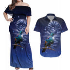 Tui Bird Matariki Galaxy Couples Matching Off Shoulder Maxi Dress and Hawaiian Shirt Koru Silver Fern Aotearoa