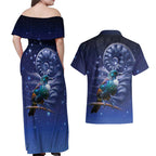 Tui Bird Matariki Galaxy Couples Matching Off Shoulder Maxi Dress and Hawaiian Shirt Koru Silver Fern Aotearoa