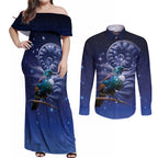 Tui Bird Matariki Galaxy Couples Matching Off Shoulder Maxi Dress and Long Sleeve Button Shirt Koru Silver Fern Aotearoa