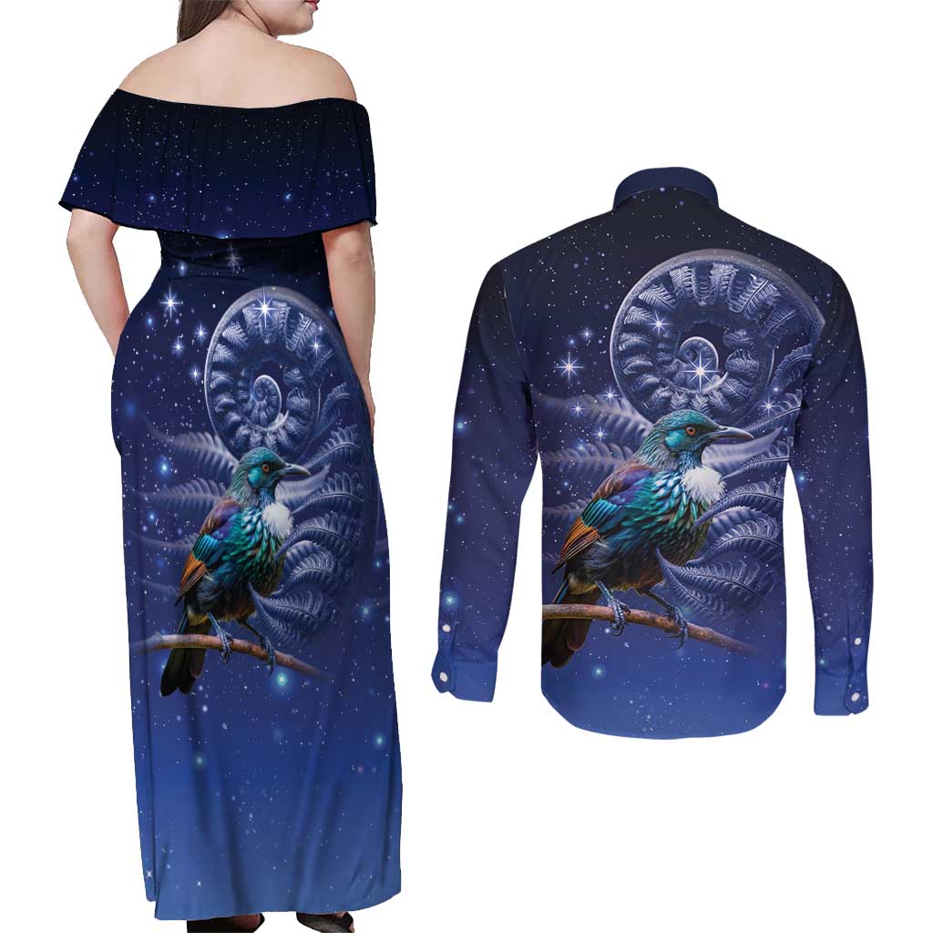 Tui Bird Matariki Galaxy Couples Matching Off Shoulder Maxi Dress and Long Sleeve Button Shirt Koru Silver Fern Aotearoa