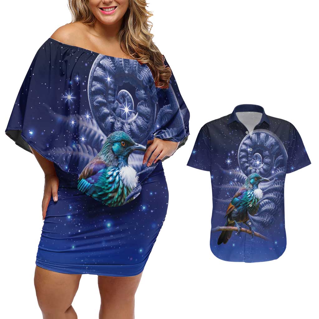 Tui Bird Matariki Galaxy Couples Matching Off Shoulder Short Dress and Hawaiian Shirt Koru Silver Fern Aotearoa