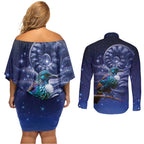 Tui Bird Matariki Galaxy Couples Matching Off Shoulder Short Dress and Long Sleeve Button Shirt Koru Silver Fern Aotearoa