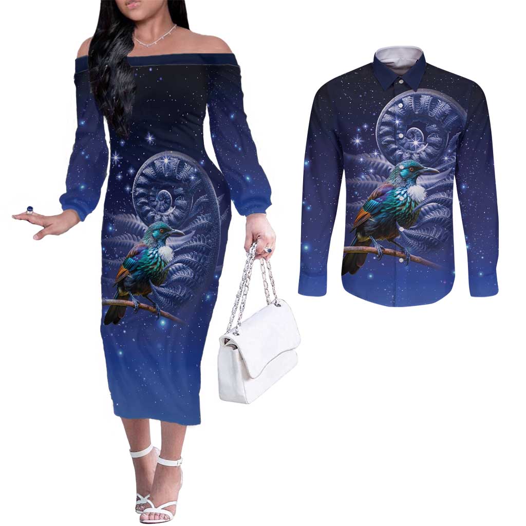Tui Bird Matariki Galaxy Couples Matching Off The Shoulder Long Sleeve Dress and Long Sleeve Button Shirt Koru Silver Fern Aotearoa