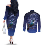 Tui Bird Matariki Galaxy Couples Matching Off The Shoulder Long Sleeve Dress and Long Sleeve Button Shirt Koru Silver Fern Aotearoa