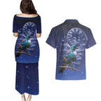 Tui Bird Matariki Galaxy Couples Matching Puletasi and Hawaiian Shirt Koru Silver Fern Aotearoa