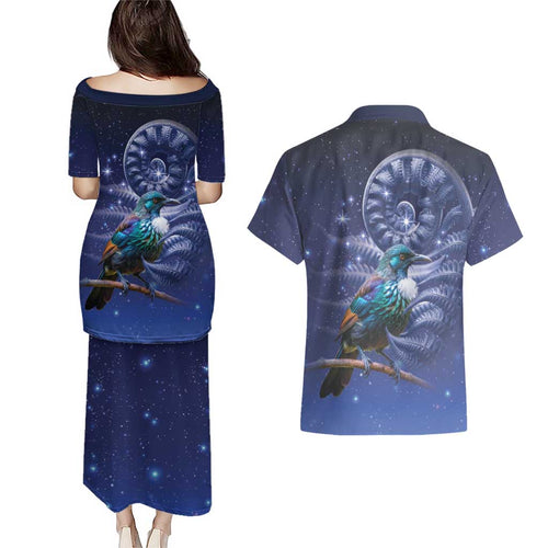 Tui Bird Matariki Galaxy Couples Matching Puletasi and Hawaiian Shirt Koru Silver Fern Aotearoa