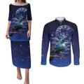 Tui Bird Matariki Galaxy Couples Matching Puletasi and Long Sleeve Button Shirt Koru Silver Fern Aotearoa