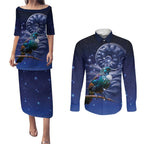 Tui Bird Matariki Galaxy Couples Matching Puletasi and Long Sleeve Button Shirt Koru Silver Fern Aotearoa