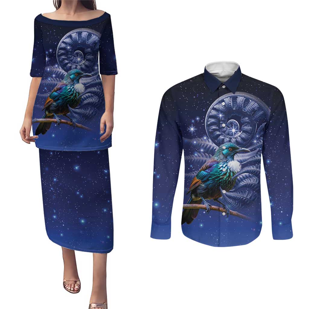 Tui Bird Matariki Galaxy Couples Matching Puletasi and Long Sleeve Button Shirt Koru Silver Fern Aotearoa