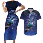 Tui Bird Matariki Galaxy Couples Matching Short Sleeve Bodycon Dress and Hawaiian Shirt Koru Silver Fern Aotearoa