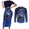 Tui Bird Matariki Galaxy Couples Matching Short Sleeve Bodycon Dress and Long Sleeve Button Shirt Koru Silver Fern Aotearoa