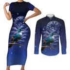 Tui Bird Matariki Galaxy Couples Matching Short Sleeve Bodycon Dress and Long Sleeve Button Shirt Koru Silver Fern Aotearoa