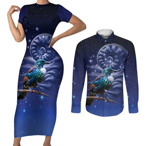 Tui Bird Matariki Galaxy Couples Matching Short Sleeve Bodycon Dress and Long Sleeve Button Shirt Koru Silver Fern Aotearoa