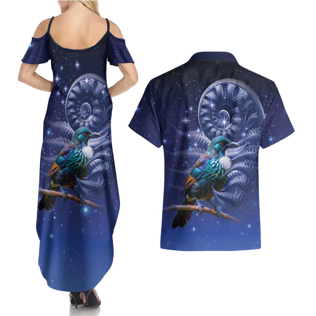 Tui Bird Matariki Galaxy Couples Matching Summer Maxi Dress and Hawaiian Shirt Koru Silver Fern Aotearoa