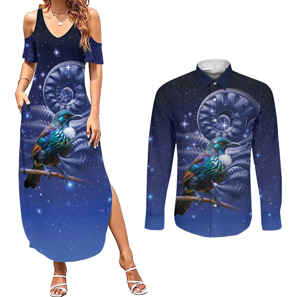 Tui Bird Matariki Galaxy Couples Matching Summer Maxi Dress and Long Sleeve Button Shirt Koru Silver Fern Aotearoa
