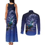 Tui Bird Matariki Galaxy Couples Matching Tank Maxi Dress and Long Sleeve Button Shirt Koru Silver Fern Aotearoa
