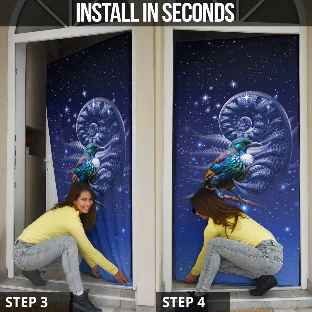 Tui Bird Matariki Galaxy Door Cover Koru Silver Fern Aotearoa