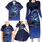 Tui Bird Matariki Galaxy Family Matching Long Sleeve Bodycon Dress and Hawaiian Shirt Koru Silver Fern Aotearoa