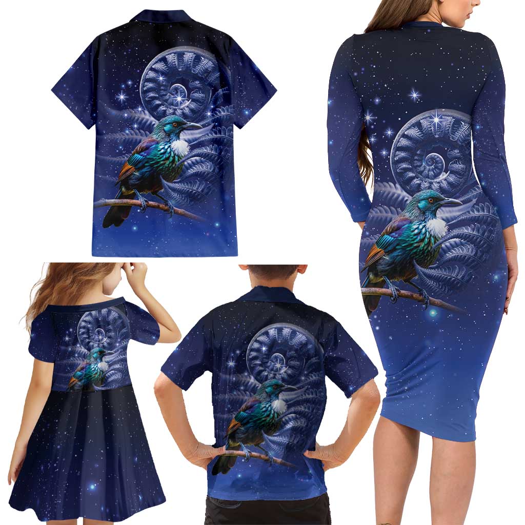 Tui Bird Matariki Galaxy Family Matching Long Sleeve Bodycon Dress and Hawaiian Shirt Koru Silver Fern Aotearoa