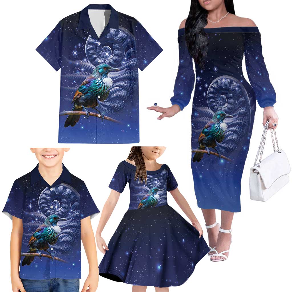 Tui Bird Matariki Galaxy Family Matching Off The Shoulder Long Sleeve Dress and Hawaiian Shirt Koru Silver Fern Aotearoa