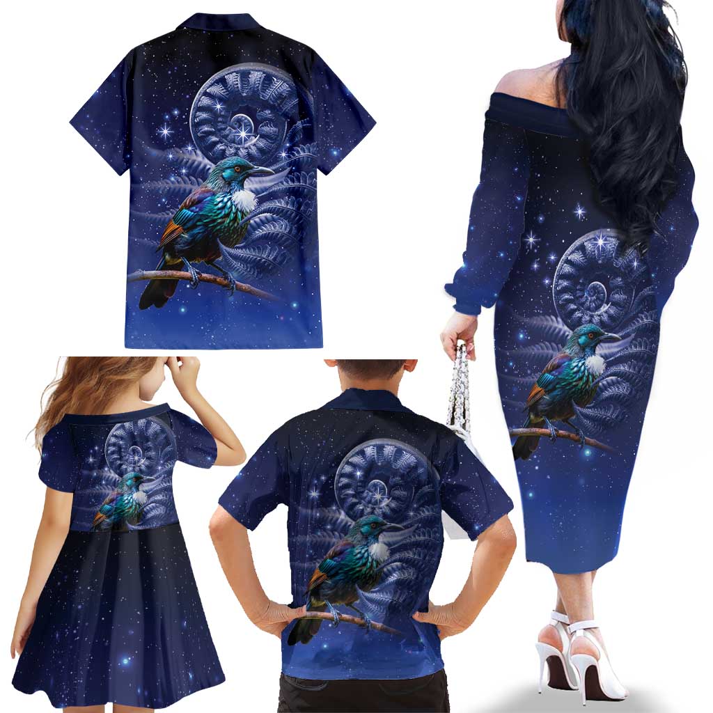 Tui Bird Matariki Galaxy Family Matching Off The Shoulder Long Sleeve Dress and Hawaiian Shirt Koru Silver Fern Aotearoa