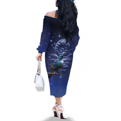 Tui Bird Matariki Galaxy Family Matching Off The Shoulder Long Sleeve Dress and Hawaiian Shirt Koru Silver Fern Aotearoa