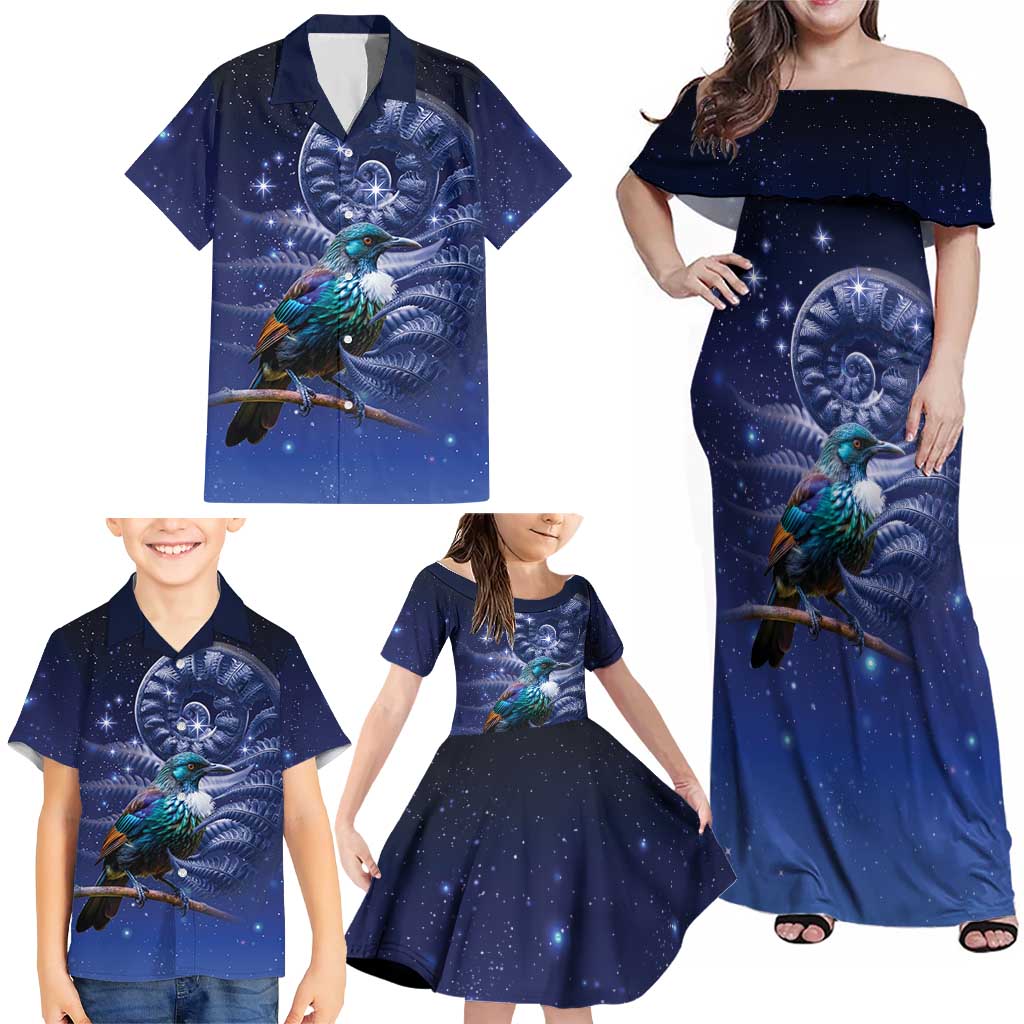 Tui Bird Matariki Galaxy Family Matching Off Shoulder Maxi Dress and Hawaiian Shirt Koru Silver Fern Aotearoa