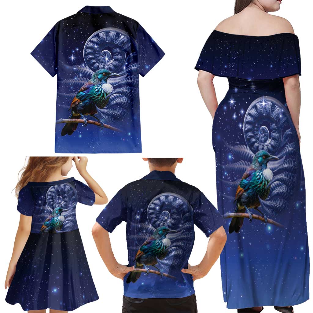Tui Bird Matariki Galaxy Family Matching Off Shoulder Maxi Dress and Hawaiian Shirt Koru Silver Fern Aotearoa