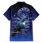 Tui Bird Matariki Galaxy Family Matching Off Shoulder Maxi Dress and Hawaiian Shirt Koru Silver Fern Aotearoa