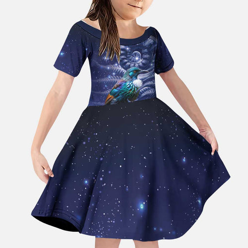 Tui Bird Matariki Galaxy Family Matching Off Shoulder Short Dress and Hawaiian Shirt Koru Silver Fern Aotearoa