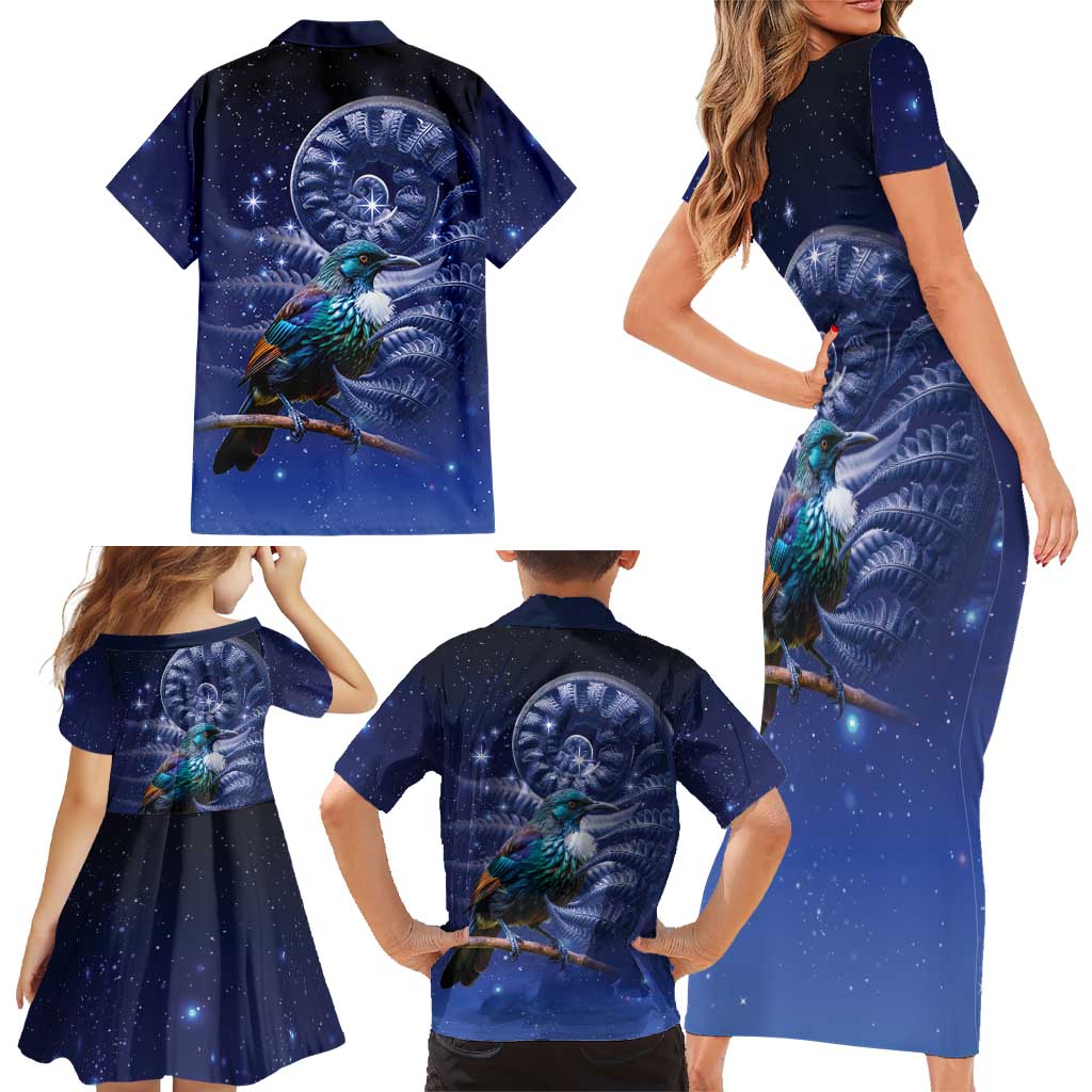 Tui Bird Matariki Galaxy Family Matching Short Sleeve Bodycon Dress and Hawaiian Shirt Koru Silver Fern Aotearoa