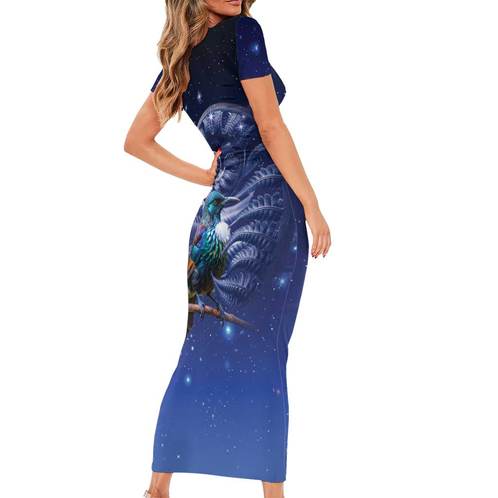 Tui Bird Matariki Galaxy Family Matching Short Sleeve Bodycon Dress and Hawaiian Shirt Koru Silver Fern Aotearoa