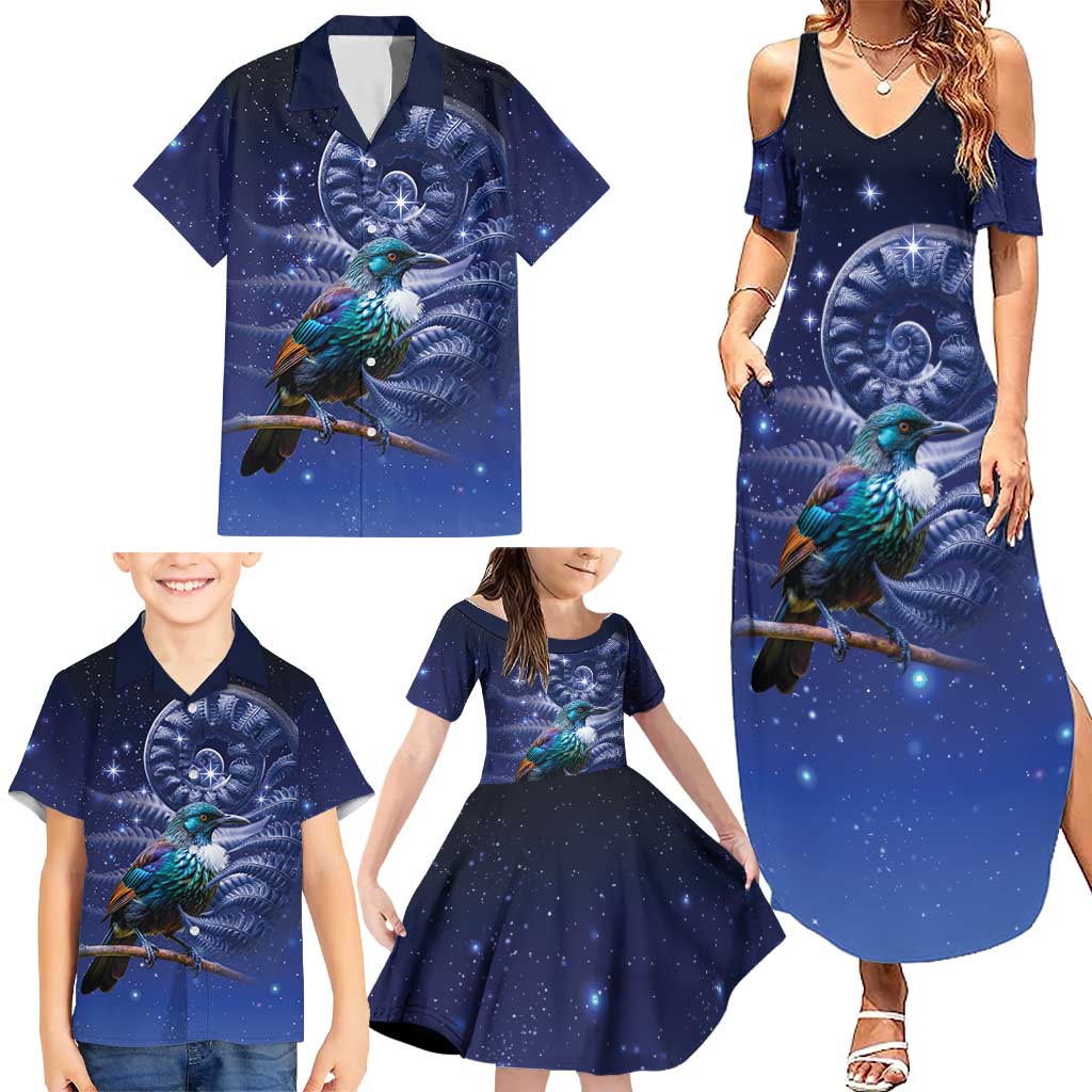Tui Bird Matariki Galaxy Family Matching Summer Maxi Dress and Hawaiian Shirt Koru Silver Fern Aotearoa