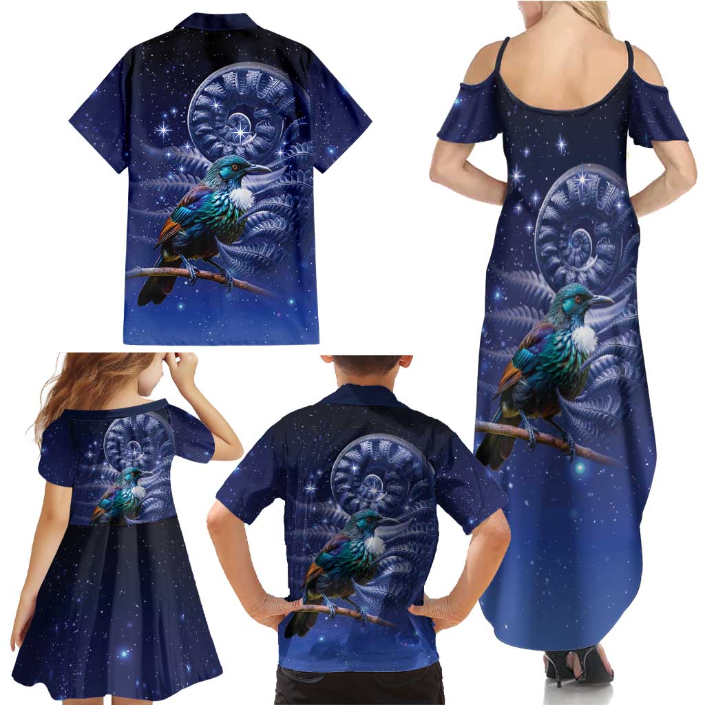 Tui Bird Matariki Galaxy Family Matching Summer Maxi Dress and Hawaiian Shirt Koru Silver Fern Aotearoa