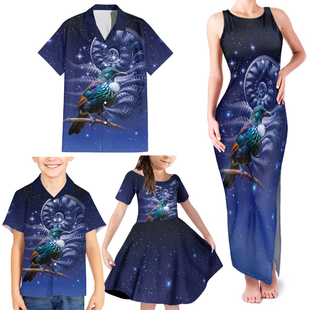 Tui Bird Matariki Galaxy Family Matching Tank Maxi Dress and Hawaiian Shirt Koru Silver Fern Aotearoa