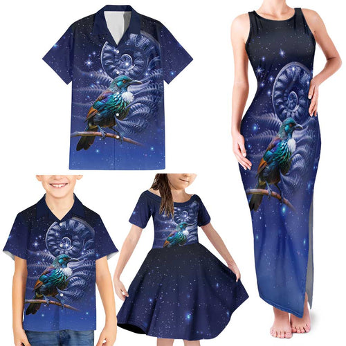 Tui Bird Matariki Galaxy Family Matching Tank Maxi Dress and Hawaiian Shirt Koru Silver Fern Aotearoa