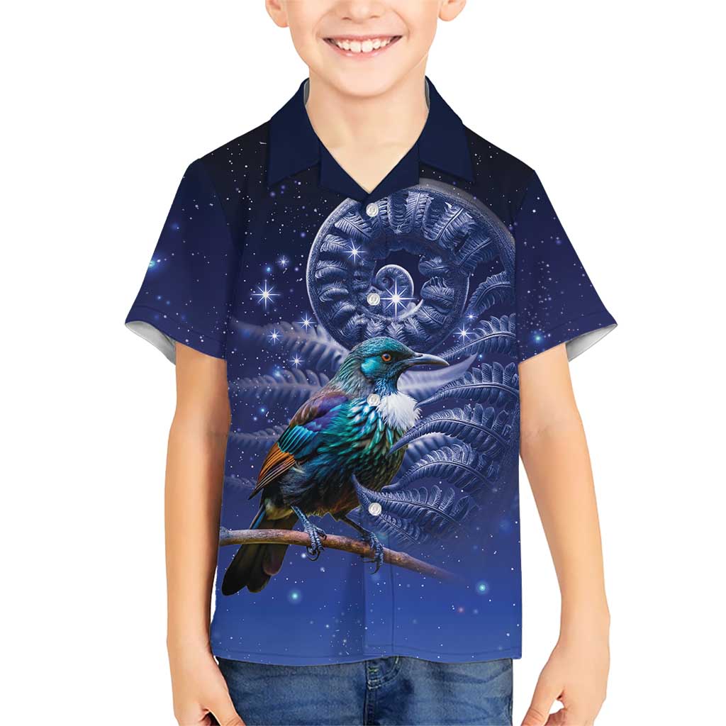 Tui Bird Matariki Galaxy Hawaiian Shirt Koru Silver Fern Aotearoa