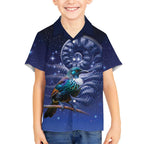 Tui Bird Matariki Galaxy Kid Hawaiian Shirt Koru Silver Fern Aotearoa