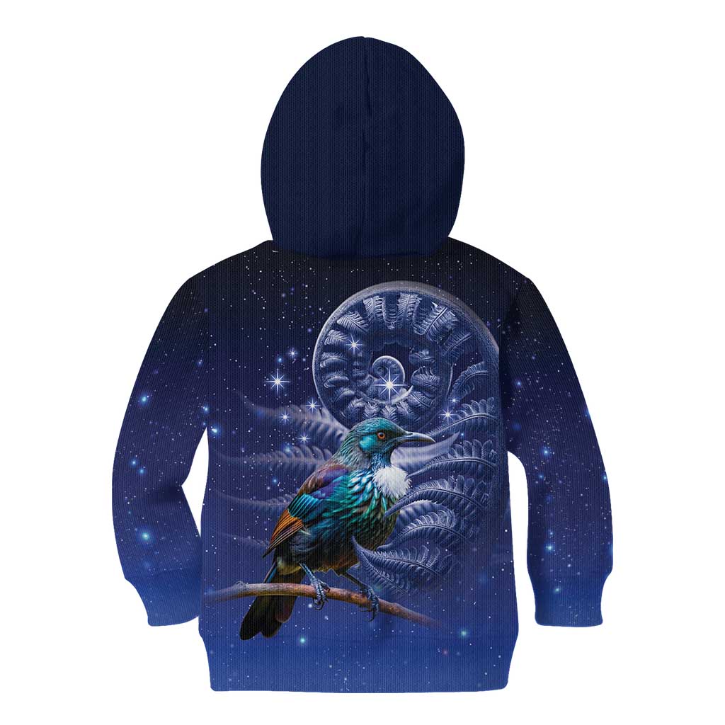 Tui Bird Matariki Galaxy Kid Hoodie Koru Silver Fern Aotearoa