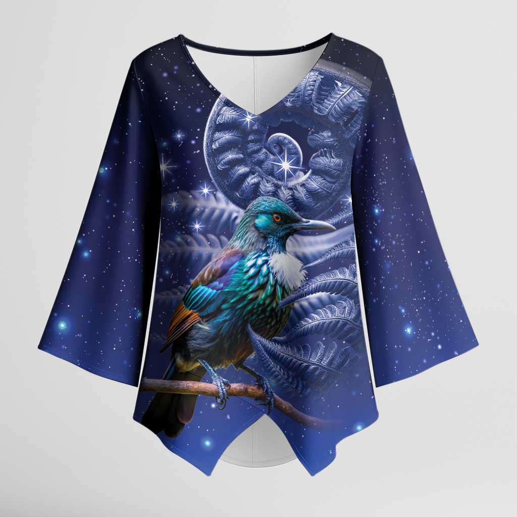Tui Bird Matariki Galaxy Kimono Sleeve Blouse Koru Silver Fern Aotearoa