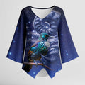 Tui Bird Matariki Galaxy Kimono Sleeve Blouse Koru Silver Fern Aotearoa