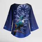 Tui Bird Matariki Galaxy Kimono Sleeve Blouse Koru Silver Fern Aotearoa